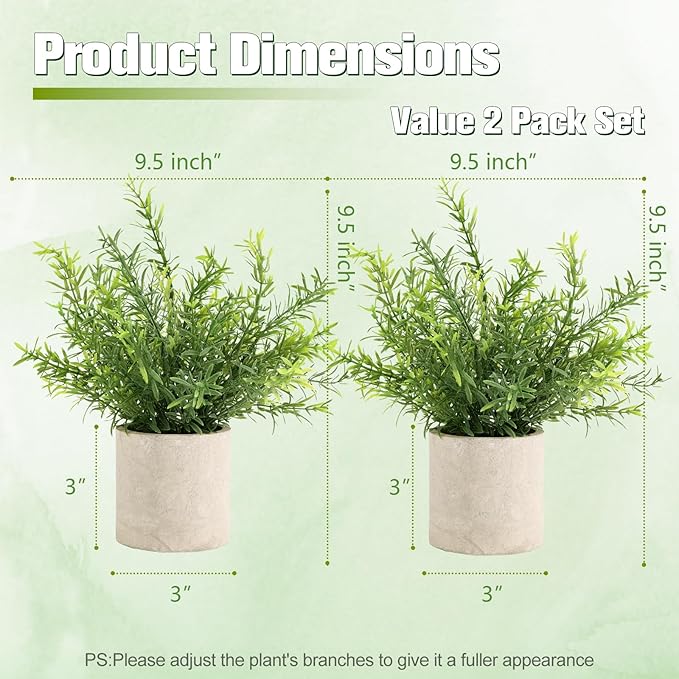 ALAGIRLS 2 Pack Small Fake Plants, 10" Artificial Rosemary Plants Indoor, Small Faux Plants in Pulp Pot for Bathroom Bedroom Kitchen Office Living Room Decor