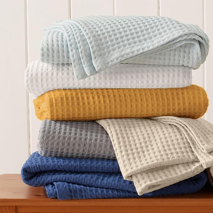 100% Cotton Yellow Blanket Twin Size for Bed - Breathable and Soft, Waffle Weave for Summer Spring, 90x66 Inches (Marigold)