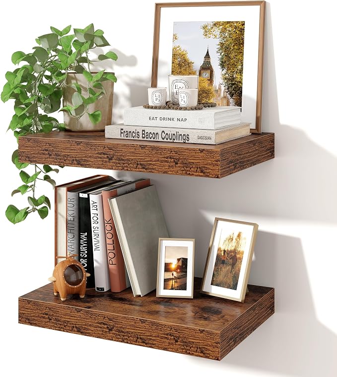 Axeman 16Inch Floating Shelves for Wall, 2 Pack Shelves for Bedroom, Bathroom, Kitchen, Hanging Wall Mounted Rustic Wood Shelf with Invisible Brackets for Books Decor, Rustic Brown
