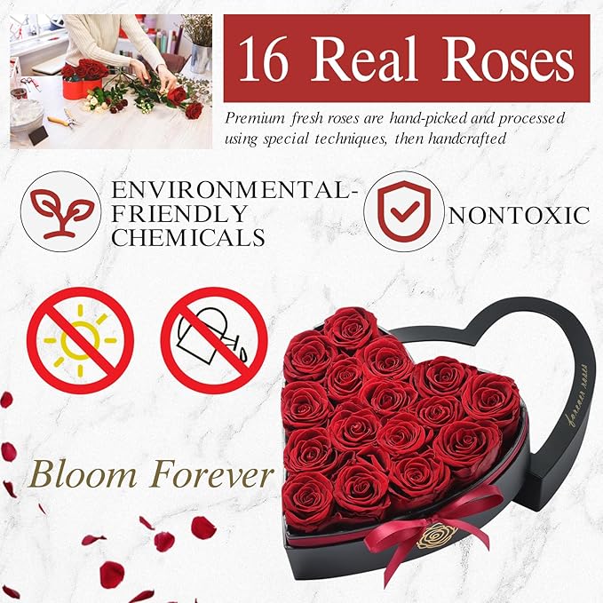 HERBMOTG 16 Forever Real Roses in Heart-Shaped Box with a Curved Design, Grade A Quality-Preserved Roses for Birthday, Mothers Day & Valentines Day (Wine)