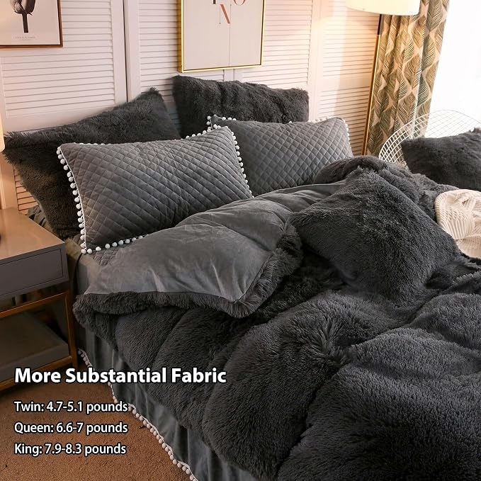 LIFEREVO Luxury Plush Shaggy Duvet Cover Set, Soft Velvet Fluffy Furry Duvet Cover Set(1 Faux Fur Fuzzy Comforter Cover+2 Pom Poms Pillowcases)Solid Bedding Set, Zipper Closure(Full/Queen, Dark Gray)