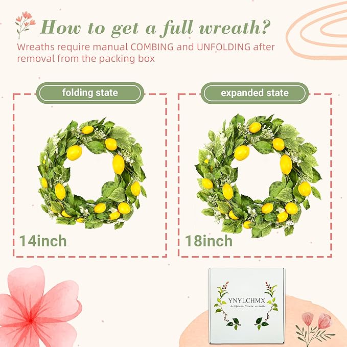 YNYLCHMX 18" Wreaths for Front Door, Artificial Floral Lemon Wreath with Green Eucalyptus Leaves, Green Foliage Wreath for Wall Window Farmhouse Party Holiday Home Decor
