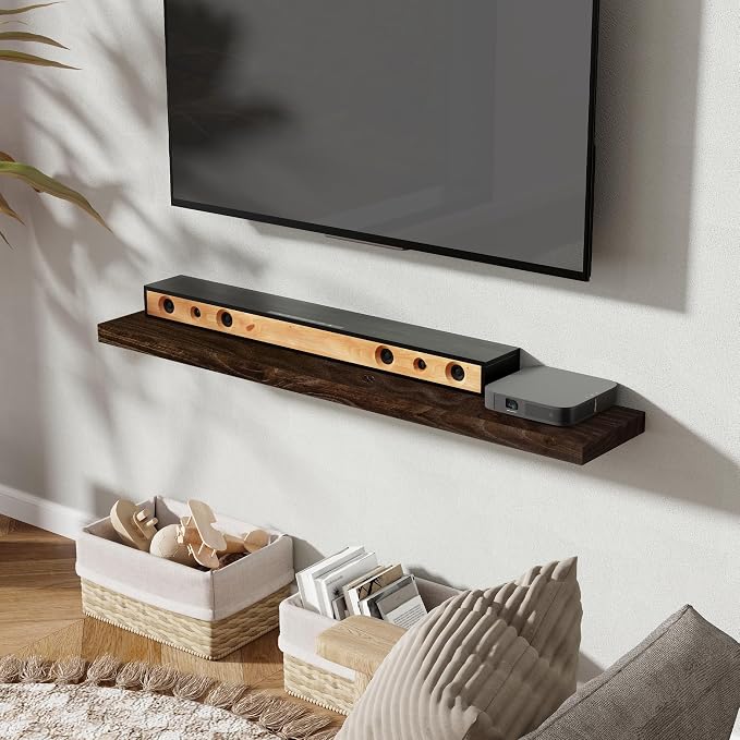 48 Inch Floating Shelves, Rustic Elm Wood Wall Shelves for Farmhouse, Bedroom, Kitchen, Wall-Mounted Long Floating Shelf Heavy-Duty Bracket, Solid Wood Shelf Set of 1 for Home Decor Display, Walnut