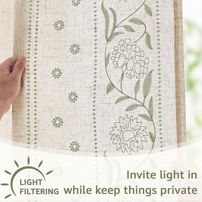 jinchan Winslow Linen Curtains for Bedroom 90 Inches Length Embroidered Bordered Floral Curtains for Living Room Farmhouse Decor Light Filtering Window Treatments Sage on Beige Drapes 2 Panels