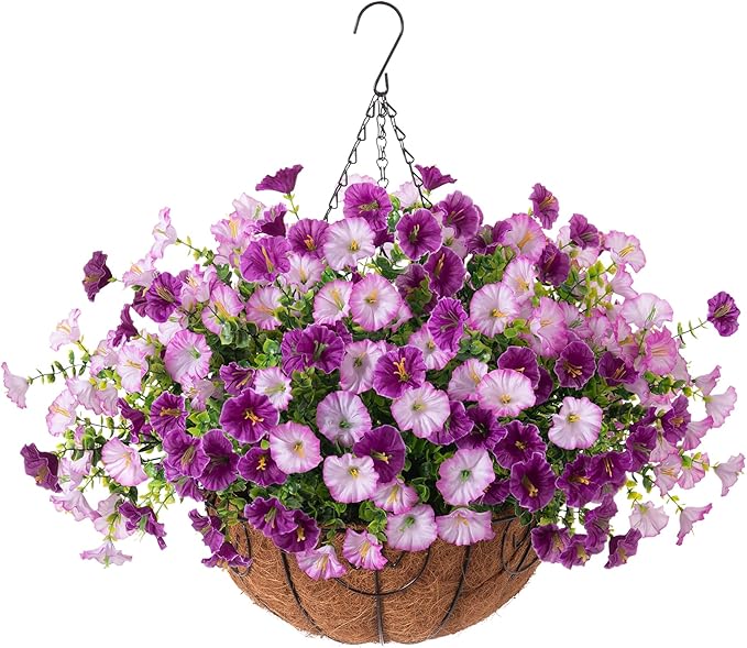 Artificial Fake Hanging Flowers with Basket for Outdoors, Faux Petunias Flowers Fake Hanging Plants with Eucalyptus Realistic UV Resistant for Patio Garden Porch Balcony Yard Decor(Double Purple)