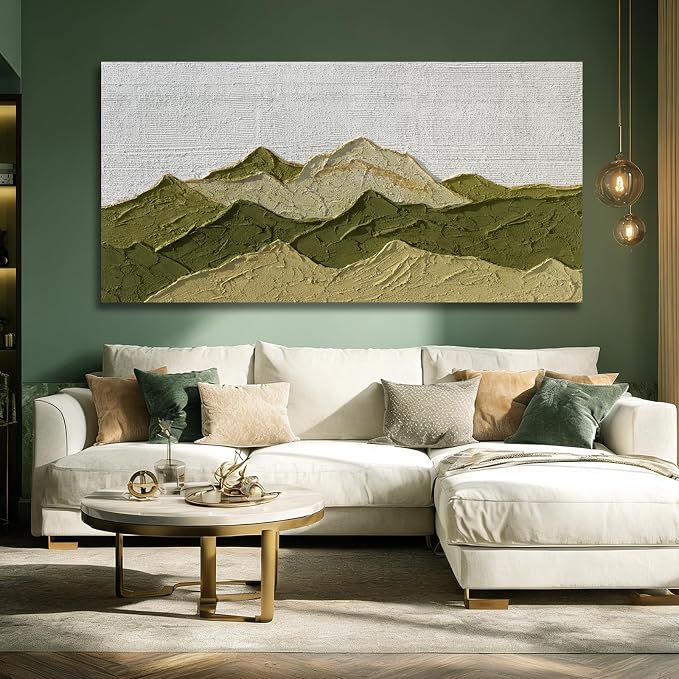Dolidoteart Green Beige White Landscape Wall Art, Large Wall Art for Living Room, Hand Painted Mountain Oil Painting for Bedroom Office, Horizontal 29x58 Inch