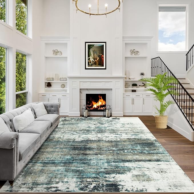 6x9 Area Rugs Washable Rug: Large Modern Abstract Living Room Rug Soft Anti-Skid Thin Carpet Indoor Floor Non-Shedding Carpets for Bedroom Dining Room Farmhouse Nursery Home Office Green Multi