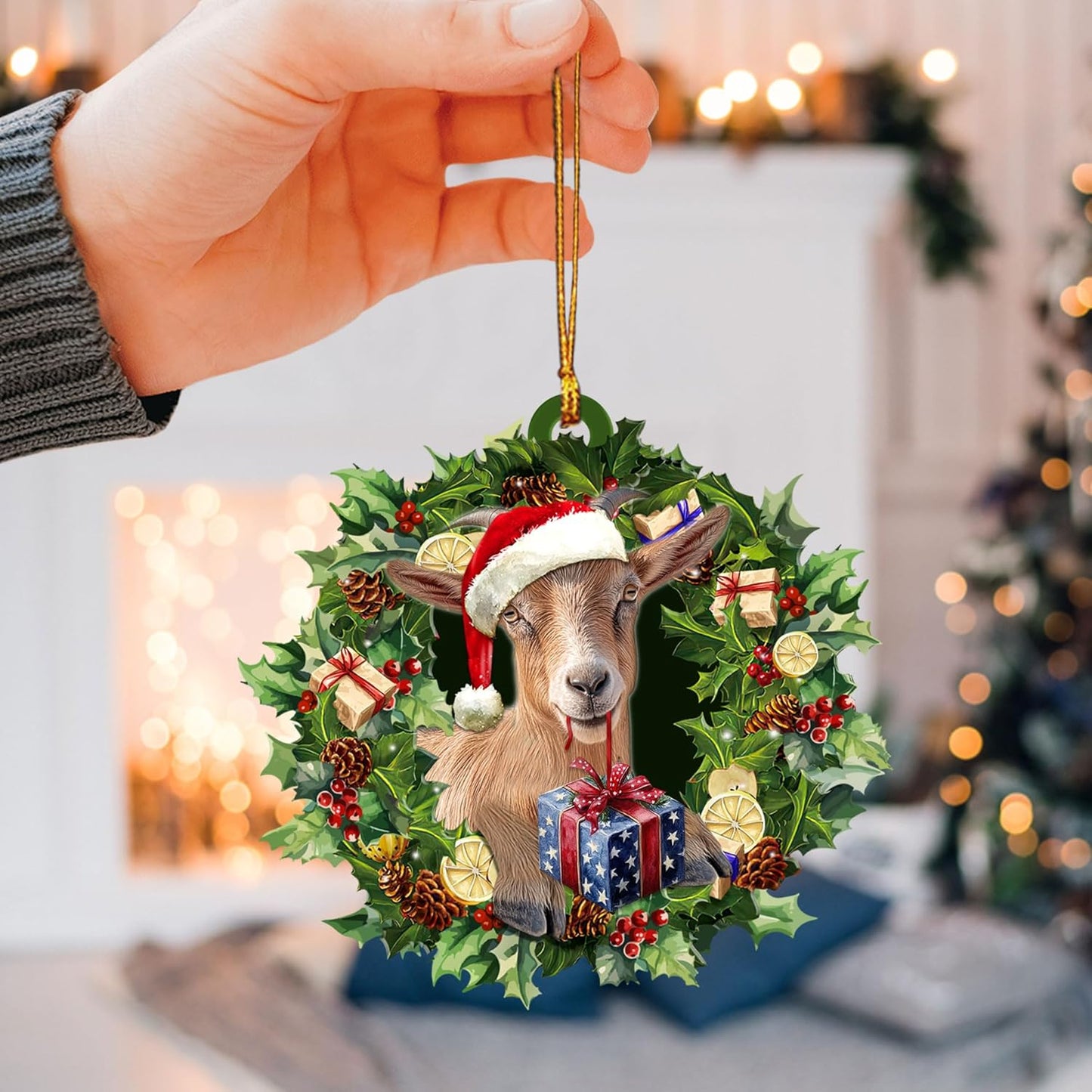 Talataca Goat Wearing A Christmas Hat Wreath Farm Lover 2D Flat Car Rear View Mirror Accessories Christmas Tree Ornament Decoration Hanging Charm Interior Rearview Pendant Decor Gift