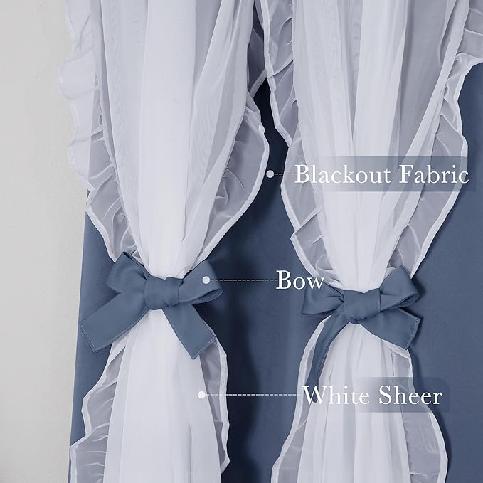 PONY DANCE Double Layer Curtains with Ruffle Sheer Overlay for Whimsical Forest Teen,Shabby Chic Room Darkening Drapes with Tiebacks, 52" Wide x 84" Long, Blue Haze, 2 Panels