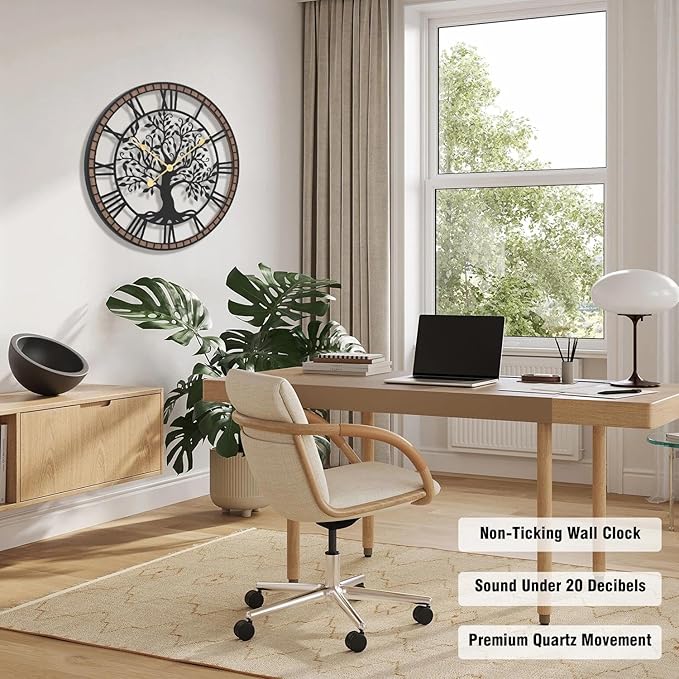 Micasso Vintage Large Wall Clock: 30Inch FarmhouseTree of Life Metal with Wood Frame - Rustic Battery Operated Wall Clocks for Office/Living Room/Bedroom/Kitchen - Home Decor for Housewife