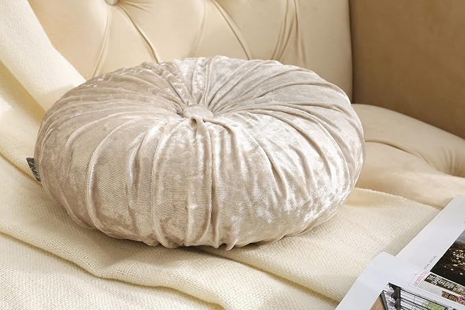 Verpert Pack 2：Round Floor Cushions Pillow, Solid Color Velvet Meditation Cushion Pumpkin Pleated Meditation Pillow for Home Sofa Bed Car Decor Floor Pillow Cushion Beige