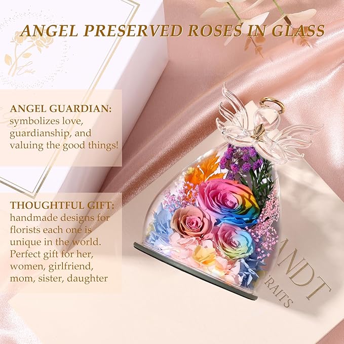 Gifts for Mom Birthday Gifts for Women Preserved Rose Forever Flower in Glass Angel Figurines Fresh Flowers for Delivery Anniversary Mothers Day Real Colorful Roses for Grandma Her Wife from Daughter