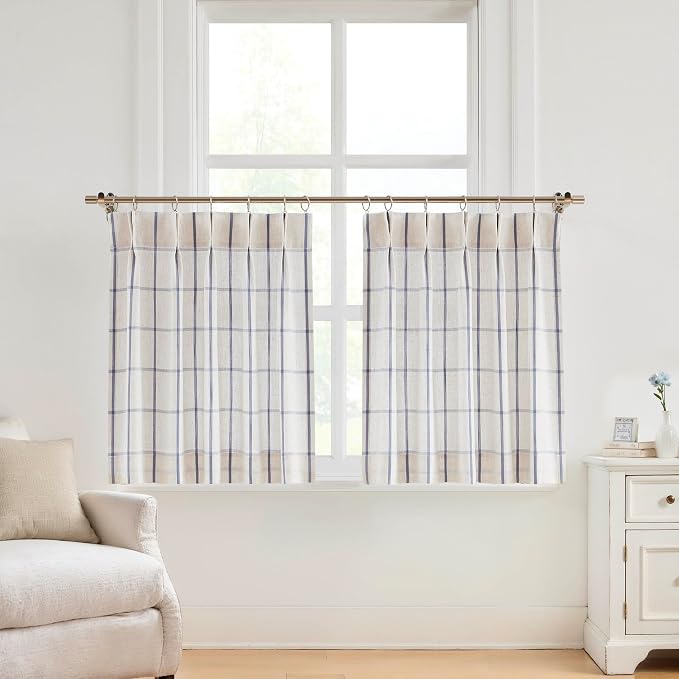 Vision Home Blue Plaid Linen Pinch Pleated Tier Curtains 24 inch, Checkered Semi Sheer Kitchen Curtains with Back Tab & Hooks, Light Filtering Small Window Panels for Bathroom Laundry, 25" Wx24 Lx2