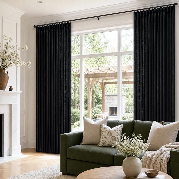 Pinch Pleated Linen Black Curtains 84 Inches 2 Panels Modern Vintage Light Filtering Privacy Textured Pinch Pleat Curtains with Hooks Rings for Living Room Bedroom Memory Trained Burlap Drapes 40x84