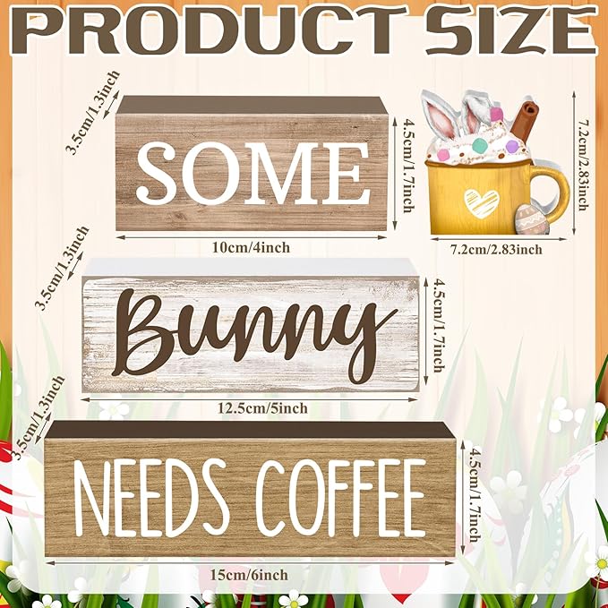 Moucuny 4 Pcs Easter Table Decorations Wooden Coffee Bunny Tiered Tray Decor Happy Easter Centerpiece for Tables Decorative Rabbit Block Signs Gifts Farmhouse Rabbit Decor for Home Kitchen Shelf