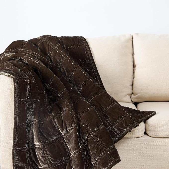HiEnd Accents Stella Faux Silk Velvet Throw Blanket Green Ochre, 50x60 inch, Double Stitch Plush Soft Cozy Blankets, Luxury Decorative Throws for Couch, Bed, Sofa, Chair