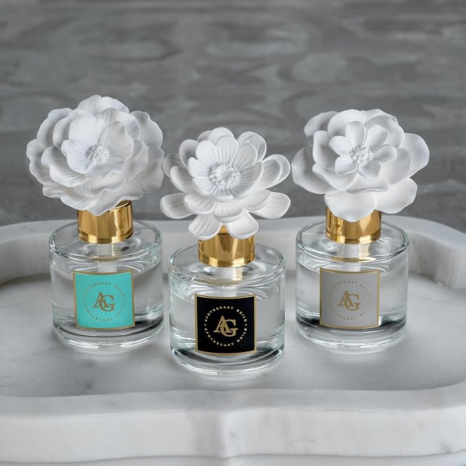 Zodax Apothecary Guild Blush Porcelain Oil Diffuser - Home Fragrance Diffuser Ideal for Living Room, Bathroom, Office - Makes a Great Gift - Porcelain Flower Design - Sunset Beach - 1.69 Oz.