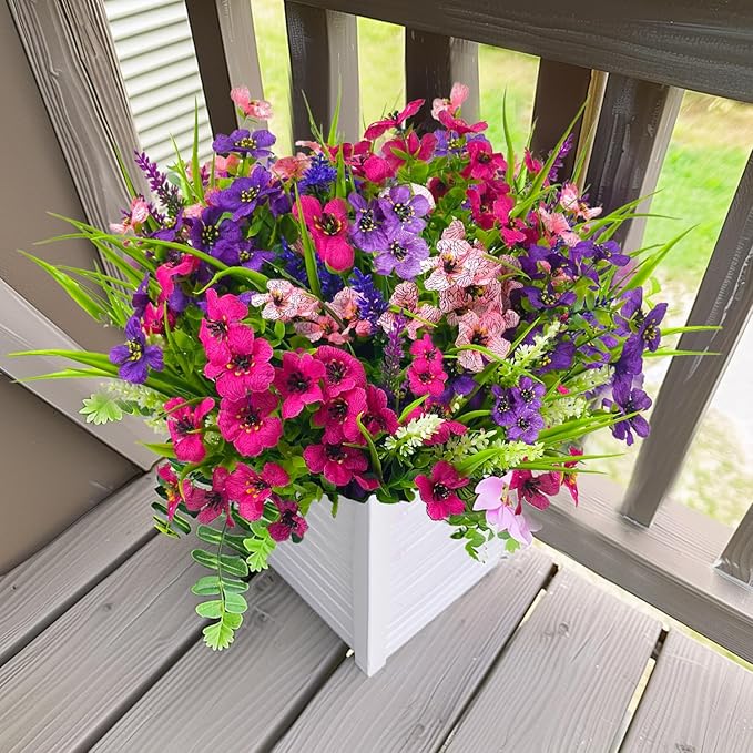 12 Bundles Artificial Flowers Outdoor Silk Fake Plants UV Resistant Faux Plastic Greenery Shrubs for Home Outside Garden Front Porch Window Box Pot Planters Decor (Mix Color)