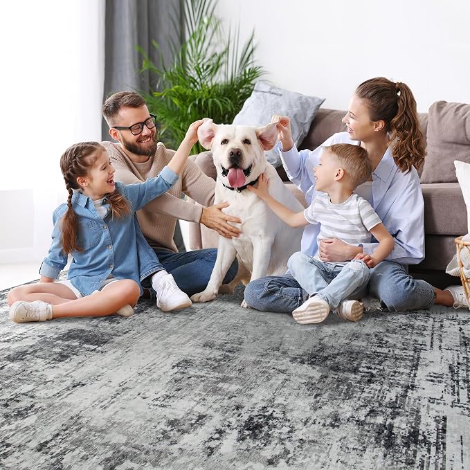 10x14 Area Rugs Large Living Room Rug Washable: Modern Abstract Rug Indoor Modern Carpet Non Slip for Dining Room Bedroom Nursery Home Office Black Grey