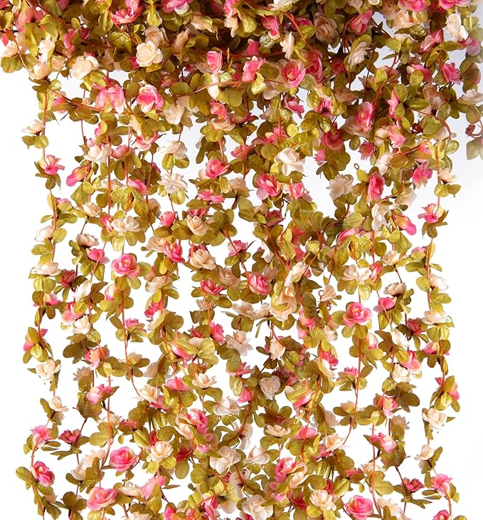 PONKING 6 Pcs x 8.2 ft Flower Garland Artificial Rose Vine Flowers with Green Leaves Hanging Fake Roses Vine for Room Party Home Wedding Birthday Christmas Wall Arch Decor, Pink Champagne Flower