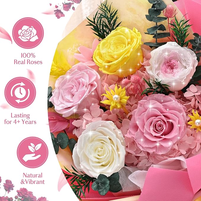 5 Pcs Glitter Pink Preserved Roses Flowers Bouquet, Forever Rose Flowers for Delivery, Birthday Gifts for Women, Long-Lasting Red Roses with Vase Gift Box, Forever Flowers for Wife Mothers Day