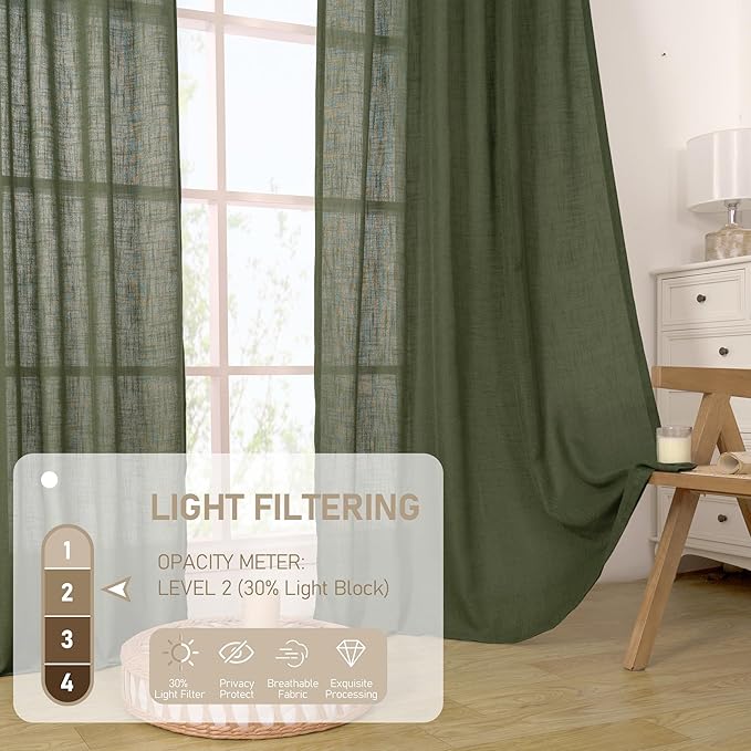 LAMIT Semi Sheer Short Linen Curtains 36 Inch Length 2 Panels, Light Filtering Panels Back Tab and Rod Pocket Neutral Drapes for Kitchen/Loft Room, Olive Green, 25 x 36 Inch