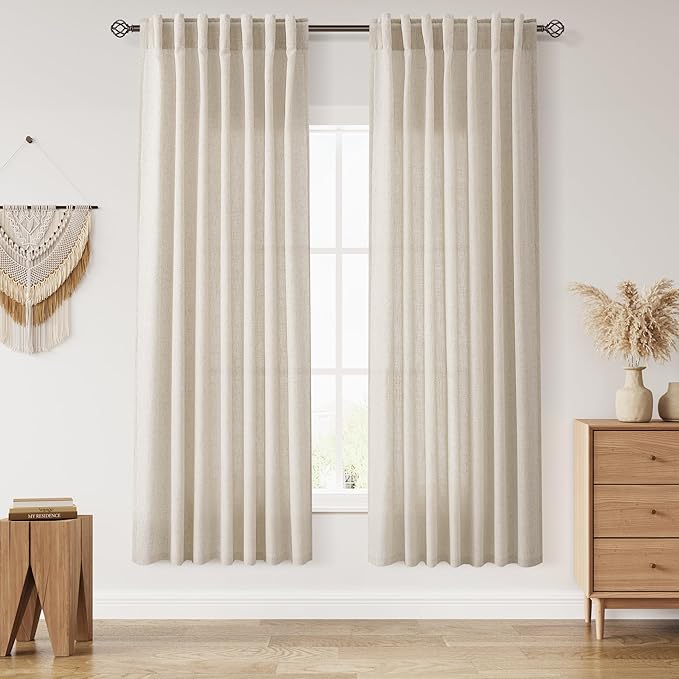 Nanspring Living Room Curtains 72 Inch Length Linen Boho Luxury Light Filtering Semi Sheer Curtain Back Tab and Rod Pocket Eclectic Home Decor Elegant Modern Drapes for Bedroom 52x72, 2 Panels