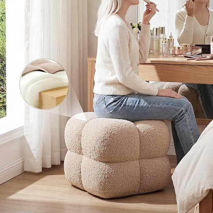 Zesthouse Square Pouf Ottoman Footstool, Modern Backless Vanity Stool for Bedroom, Tan Fuzzy Foot Rest for Couch, Upholstered Tufted Footstool, Sherpa Fabric Ottoman Coffee Table for Living Room