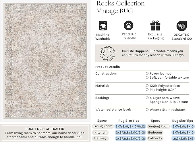 HUGEAR Hallway Runner Rugs 2x8 Washable Rug Beige Vintage Rug Carpet Low Pile Non Slip No Shedding Soft Durable Indoor Bedroom Kitchen Home Decor Floor Mat