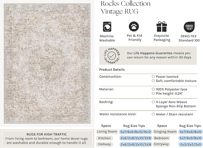 HUGEAR Area Rugs 3x5 Washable Rug for Living Room Bedroom Beige Vintage Rug Carpet Low Pile Non Slip No Shedding Soft Durable Indoor Dining Room Home Decor Floor Mat