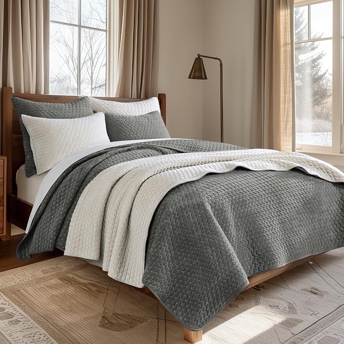 Levtex Home - Velvet Stitch Quilt Set - King Quilt (106x92in.) + Two King Shams (36x20in.) - Velvet - Grey White - Reversible - Polyester