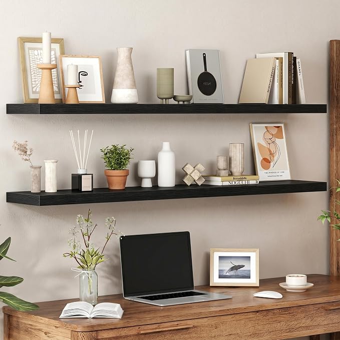 Heimlove 55 Inch Long Floating Shelves for Wall,9.3" Deep Black Floating Shelf Set of 2,Large Display Shelf & Storage Shelf,Wall Mounted Shelves for Bedroom Living Room Kitchen Office