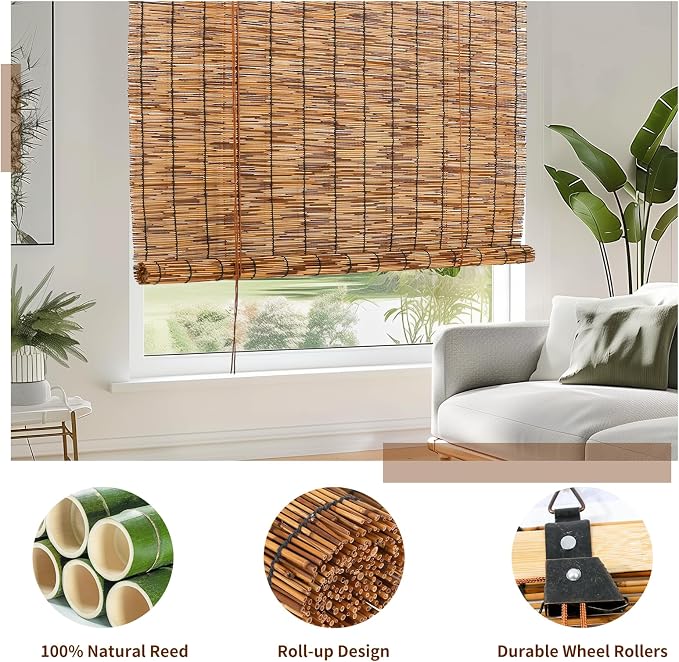 Reed Roller Blinds Shades, Vertical Lifting and Breathable Waterproof Design, Sun Shade and Ventilation, Easy Installation,60" Wx72 H