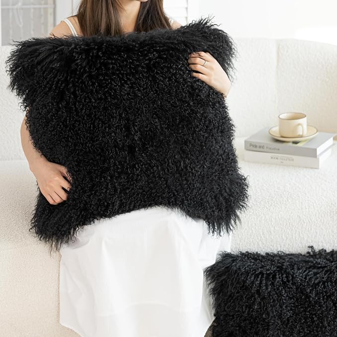 MOOX Mongolian Lamb Fur Pillow Covers Lumbar Throw Sheepskin Pillow Case Genuine Wool Fur Tibetan Accent Living Room Bedroom Decorative Cushion Cover (12 * 20inch Black)
