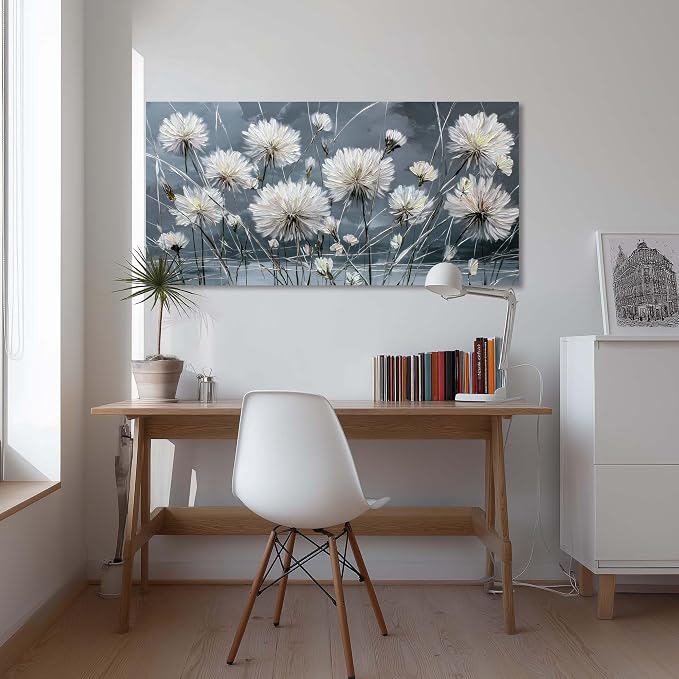 Ggaafet White Dandelion Wall Art for Living Room Canvas Oil Painting Prints Beautiful Flower Floral Blooming Art Deco Modern Artwork Office Bedroom Family Dining Room Decor Large