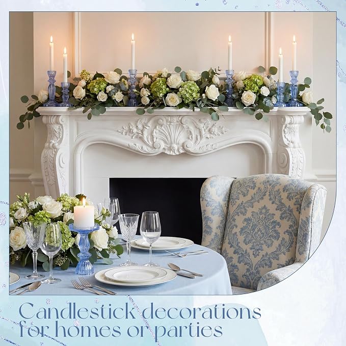 24 Pack Glass Candlestick Holders Set 4.3/6.1'' Taper Stripe Candle Holder Bulk Floral Shape Crystal Decorative Candle Stand Centerpiece for Table Wedding Dining (Blue)