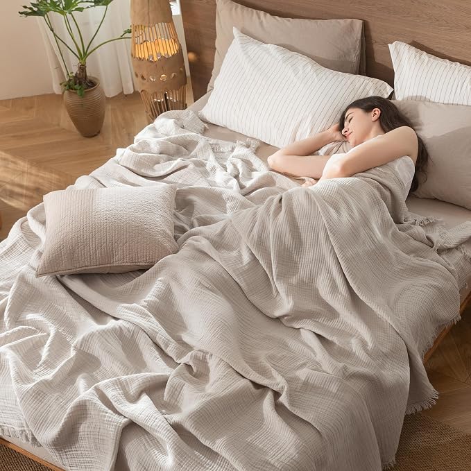 MooMee Muslin Blanket - 100% Cotton 4-Layer Gauze Throw Blanket with All-Around Fringe, Soft Breathable Lightweight Cooling Summer Blankets for Bed Couch (Cream Grey,Oversize Queen 98" x 98")