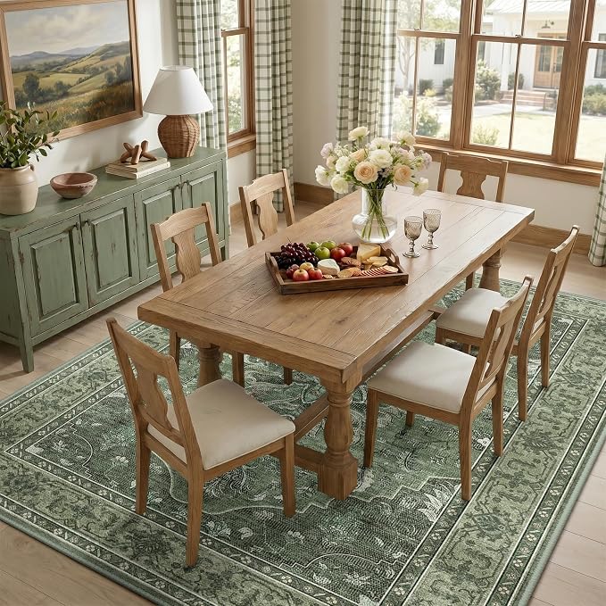 RELEANY Area Rugs 7'x10' Washable Non-Slip, Floral Vintage Distress Medallion Carpet for Living Room Bedroom Dining Room, Dark Green Gray