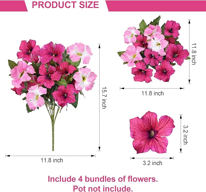 HyeFlora Artificial Flowers for Outdoors 4PCS Faux Petunias Silk Fake Flowers for Outside Planter UV Resistant Realistic Home Garden Porch Decor (Pink)