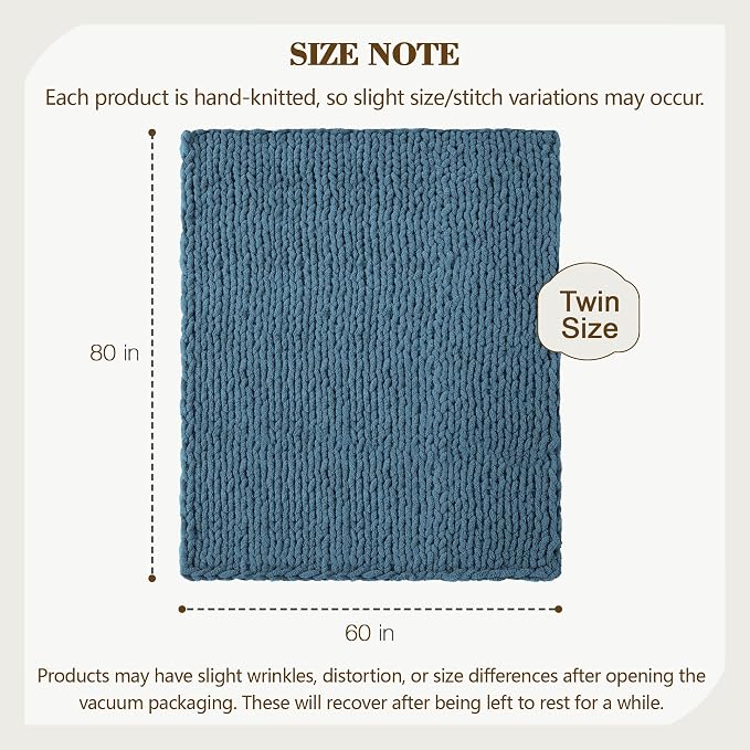 Carriediosa Chunky Knit Throw Blanket 60" X 80" Twin, 100% Hand Made Large Chenille Loop Yarn Soft Fluffy Throws for Couch Sofa Bed, Big Crochet Cozy Heavy Thick Cable Woven Blankets, Lyons Blue