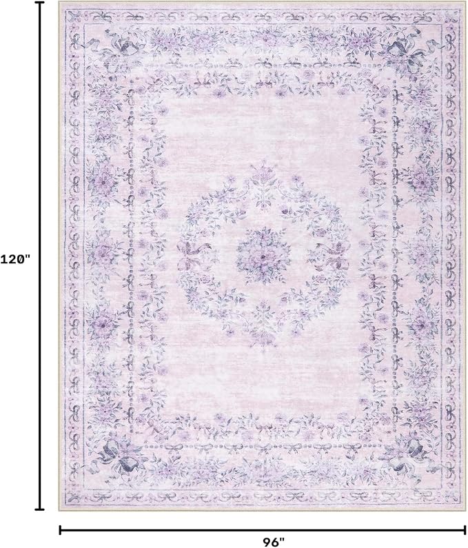 Wonnitar Floral Print 8x10 Washable Rug, Purple Bow Room Decor for Girls Bedroom, Ultra-Thin Non Slip Soft 8 x 10 Large Boho Carpet for Living Room Baby Nursery Kids Playroom
