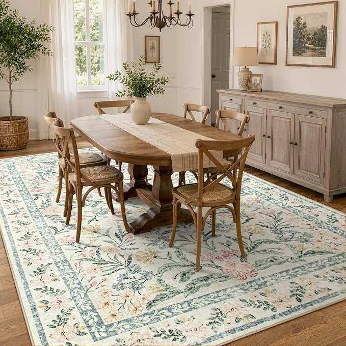 Wonnitar Large Rugs for Living Room, Soft Washable Floral 9x12 Area Rug for Bedroom, Boho Non-Shedding Foldable Carpet for Kids Playroom Apartment Home Decor