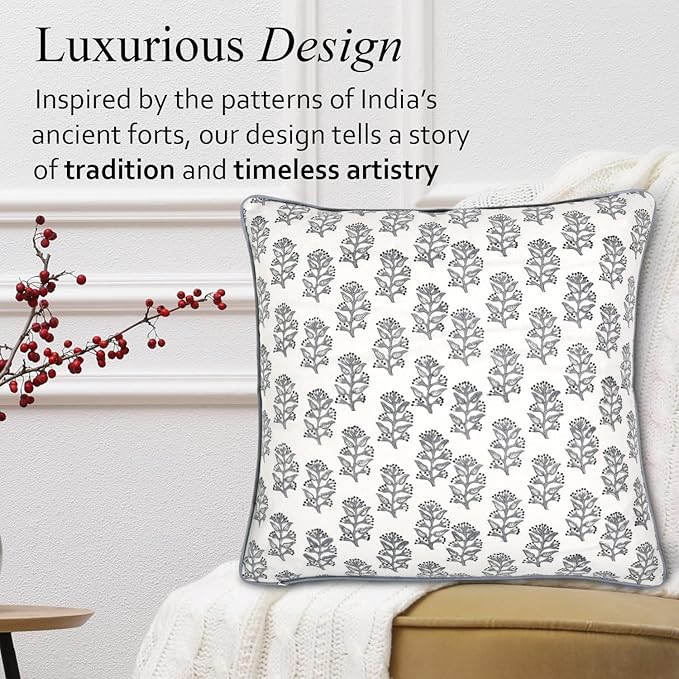 CPC 100% Cotton Throw Pillow Covers 20x20 Inch, Set of 2 Block Print Pattern Couch Pillow with Hidden Zipper, in Collabaration with Southern Source- Misty Grey Floral