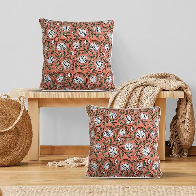 Ridhi Block Print Dark Salmon Pink Pillow Cover 16" x 16" (Pack of 2) Decorative Couch Pillows for Living Room, Chic Boho Cute Outdoor Pillows Covers Gifts for Spring, Easter and Valentine