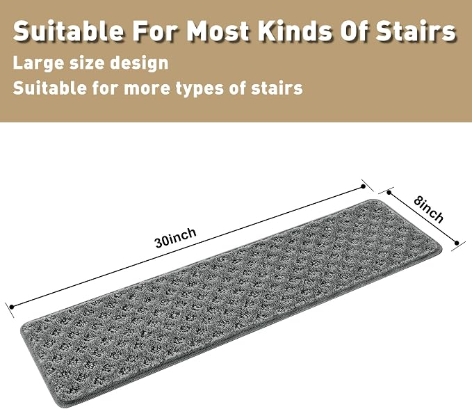 PURE ERA Carpet Stair Treads Tape Free Non Slip Indoor Stair Carpet Stair Protectors Pet-Friendly Non-Slip Skid Resistant Washable Reusable 8" x 30"(14 Pieces,Gray Mini-Diamond Trellis)