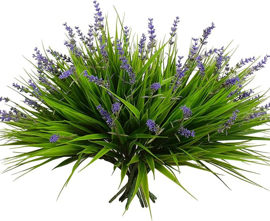 alyptus 12 Bundles Artificial Plants Outdoor Fake Monkey Grass with Flowers for Pot UV Resistant Plant Decor for Window Garden Patio Hanging Planter Pathway Front Porch (Grass with Flowers)