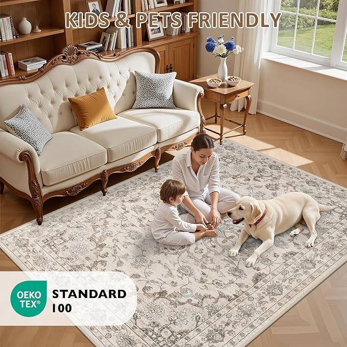 4x6 Area Rugs for Living Room: Washable Rug Soft Vintage Distressed Floral Carpet Indoor Floor Non-Slip Stain Resistant Large Carpets for Bedroom Dining Room Farmhouse Nursery Home Office Brown Beige
