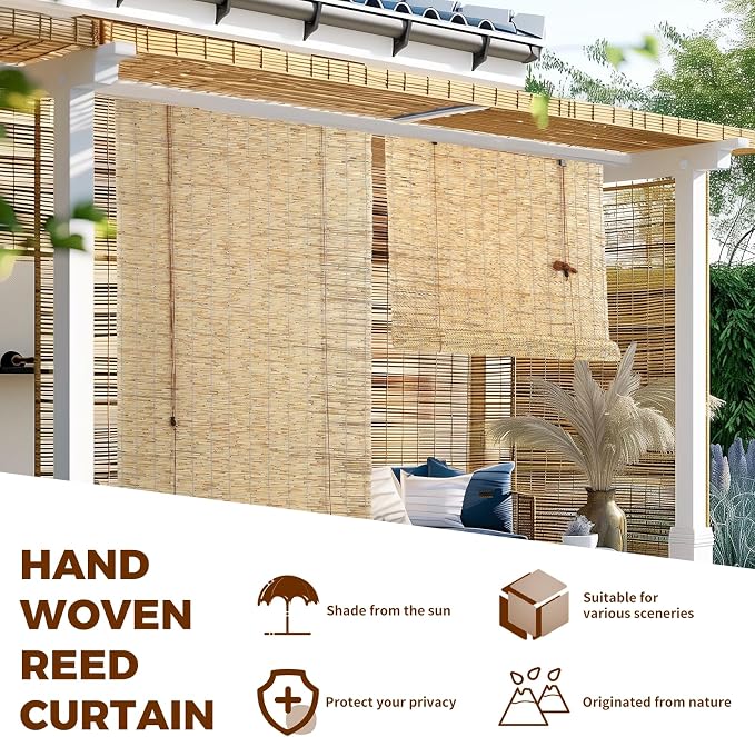 Reed Roller Blinds Shades, Vertical Lifting and Breathable Waterproof Design, Sun Shade and Ventilation, Easy Installation,35" Wx72 H
