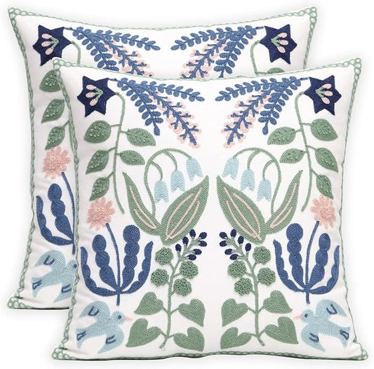 Pack of 2 Embroidered Decorative Throw Pillow Cover 18x18 Inch Farmhouse Floral Pillowcase for Living Room Sofa Bed (Bird Flower)