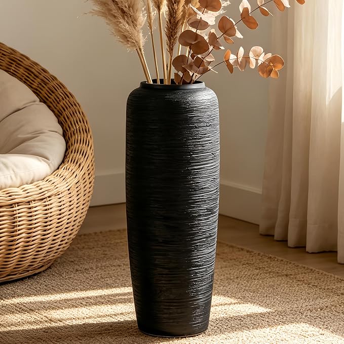 Black Rustic Ceramic Farmhouse Tall Floor Vase,19.7 Inch Vintage Large Vases Pottery Clay Terracotta Rustic Vase for Home Decor Living Room Entryway Table Centerpieces,Kitchen,Housewarming Gifts